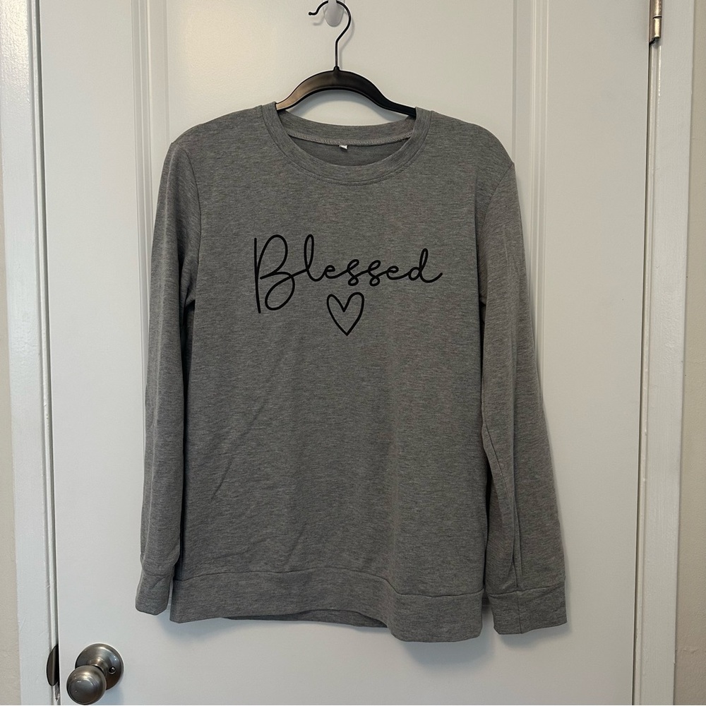 Blessed Gray Sweatshirt with Heart Graphic